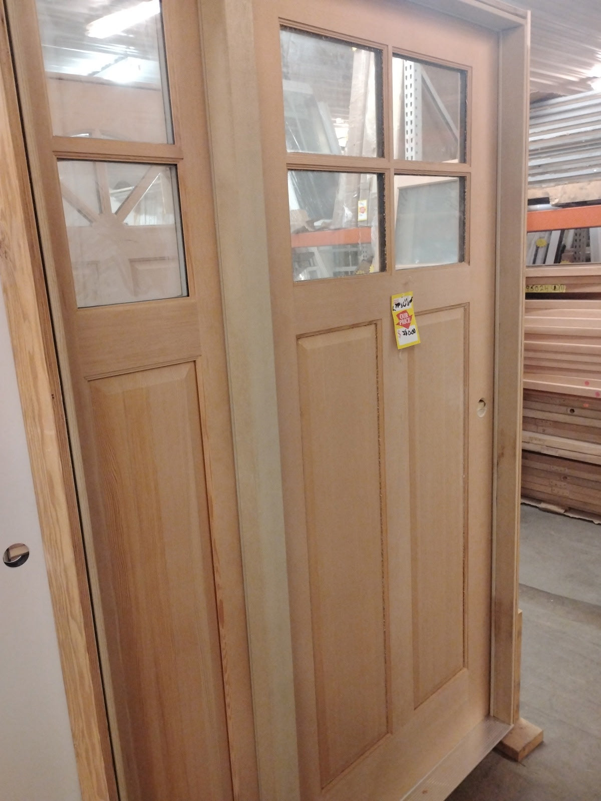 Solid wood exterior door with 4 grid glass w/ side lite (framed)